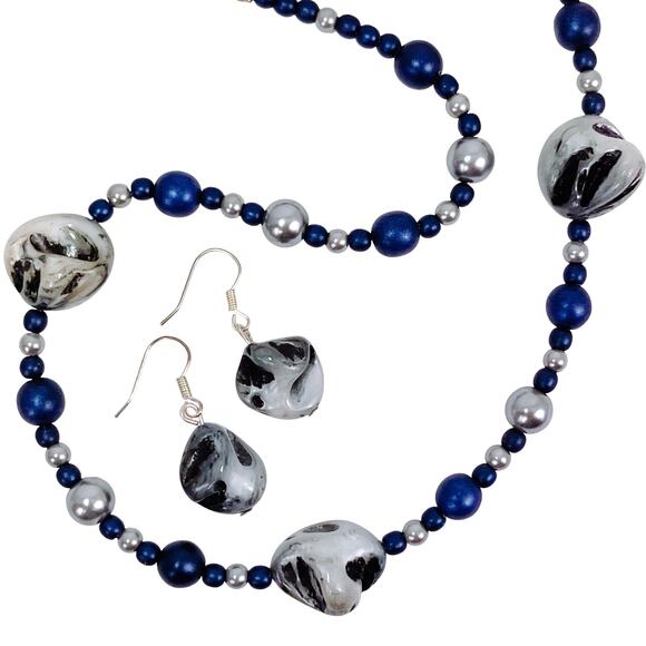 Marbled Art Glass Necklace Earrings Set Navy Silver Tone Matching Beaded Jewelry - Picture 1 of 12